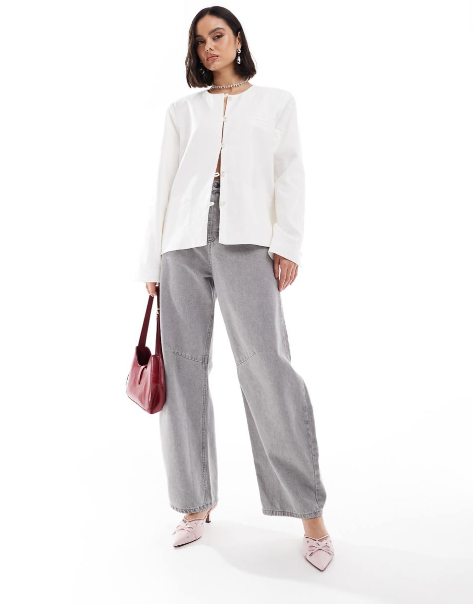 NA-KD linen collarless jacket in white