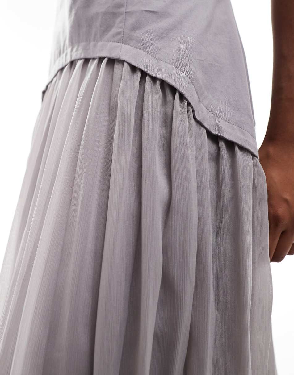 ASOS DESIGN Petite twill bandeau and chiffon pleated midi dress in gray