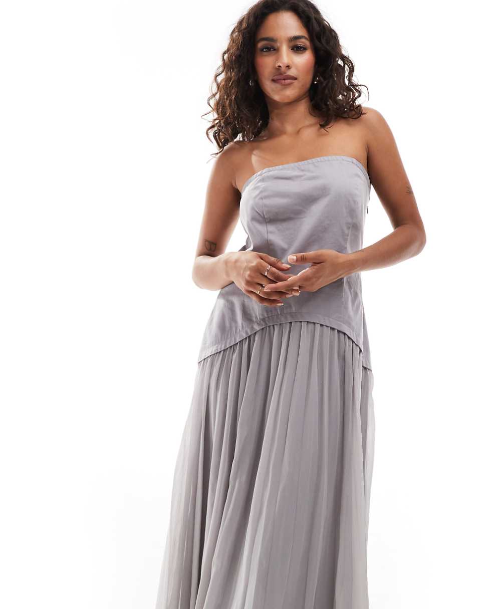 ASOS DESIGN Petite twill bandeau and chiffon pleated midi dress in gray