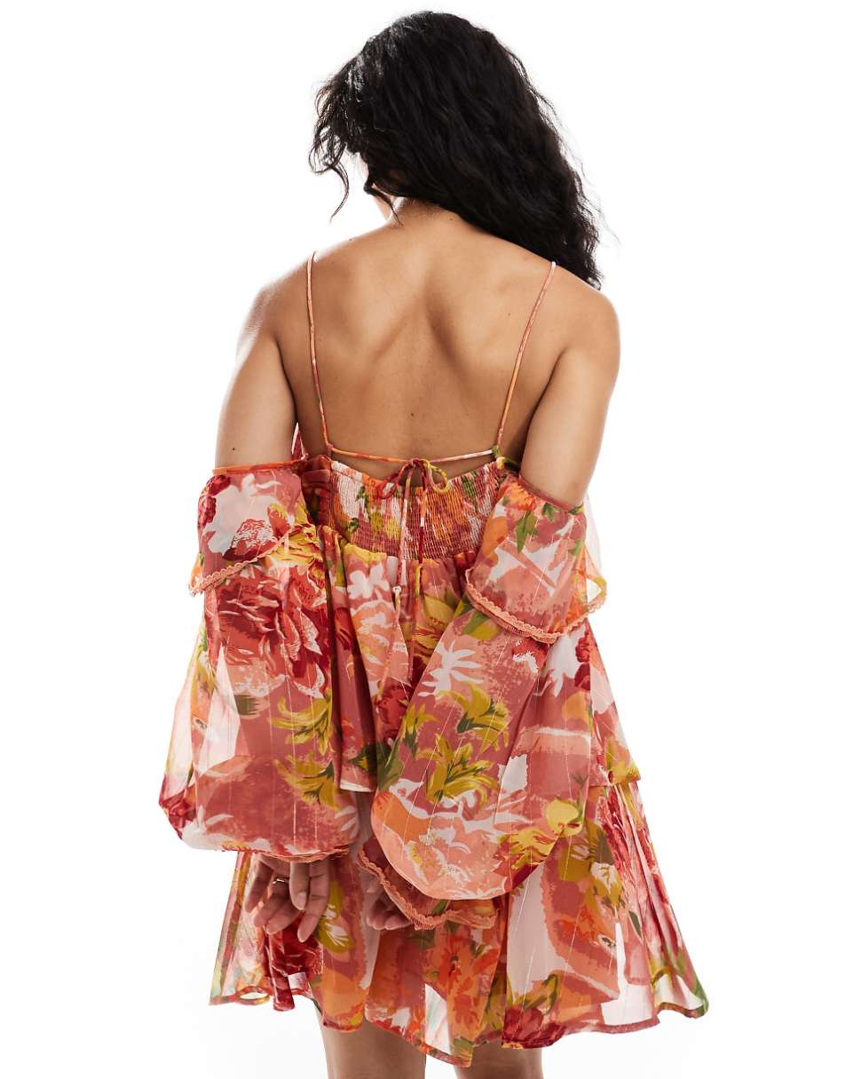 ASOS DESIGN V neck frill detail metallic stripe mini dress in pink floral print