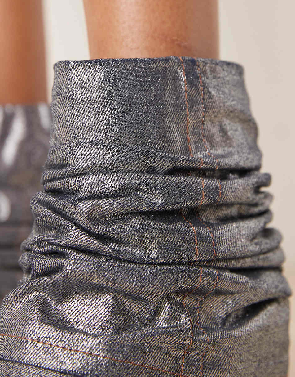Glamorous ruched western ankle boots in denim shimmer