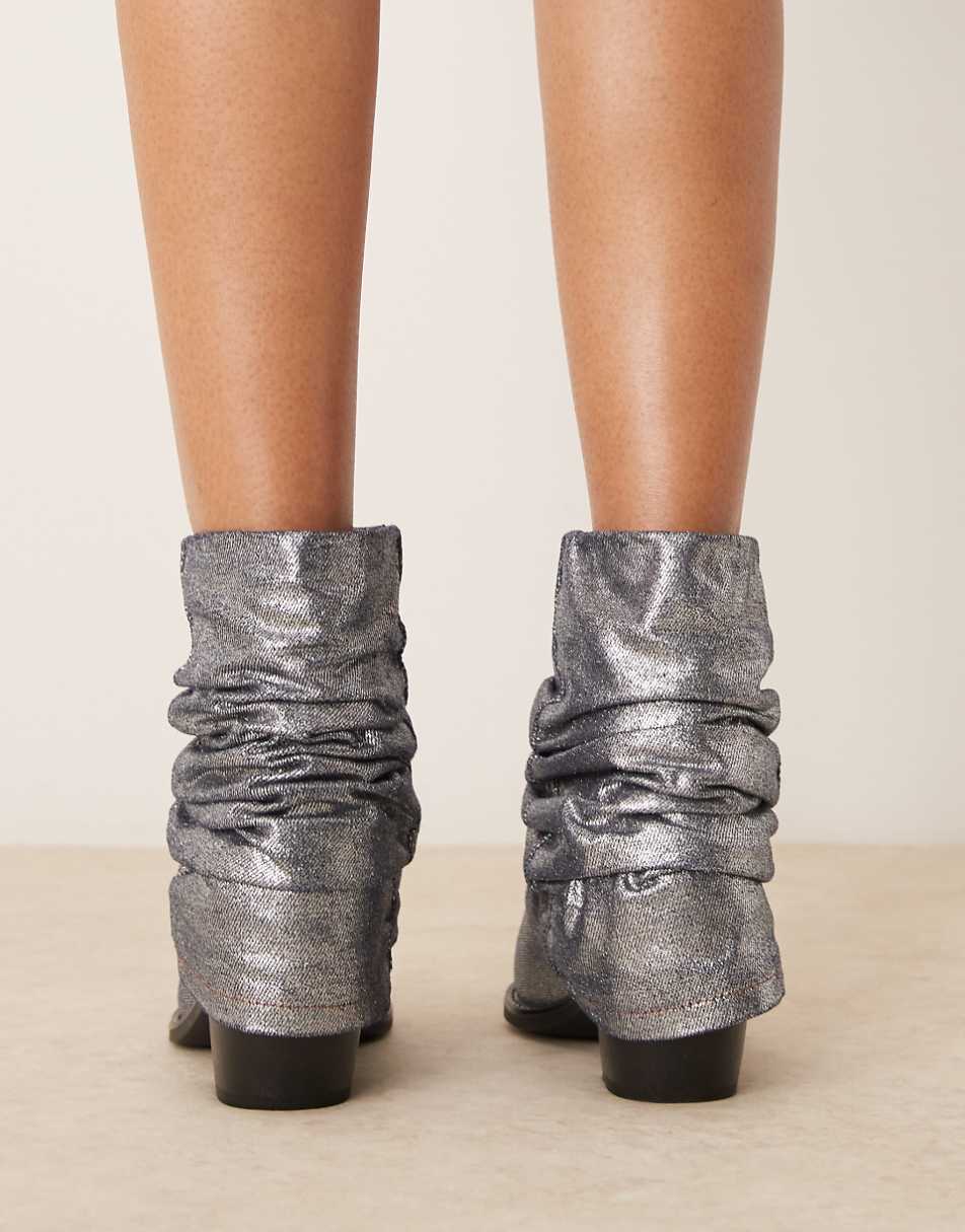 Glamorous ruched western ankle boots in denim shimmer