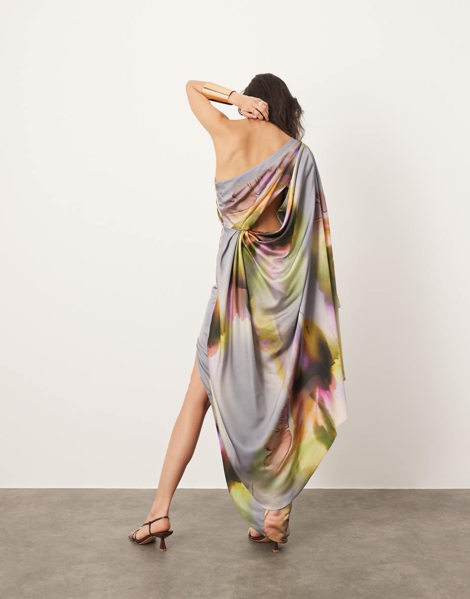 ASOS EDITION satin one shoulder flare sleeve maxi dress with ruched waist detail in blurred floral
