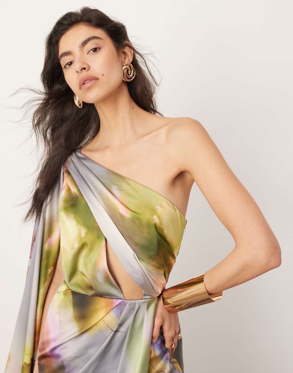 ASOS EDITION satin one shoulder flare sleeve maxi dress with ruched waist detail in blurred floral