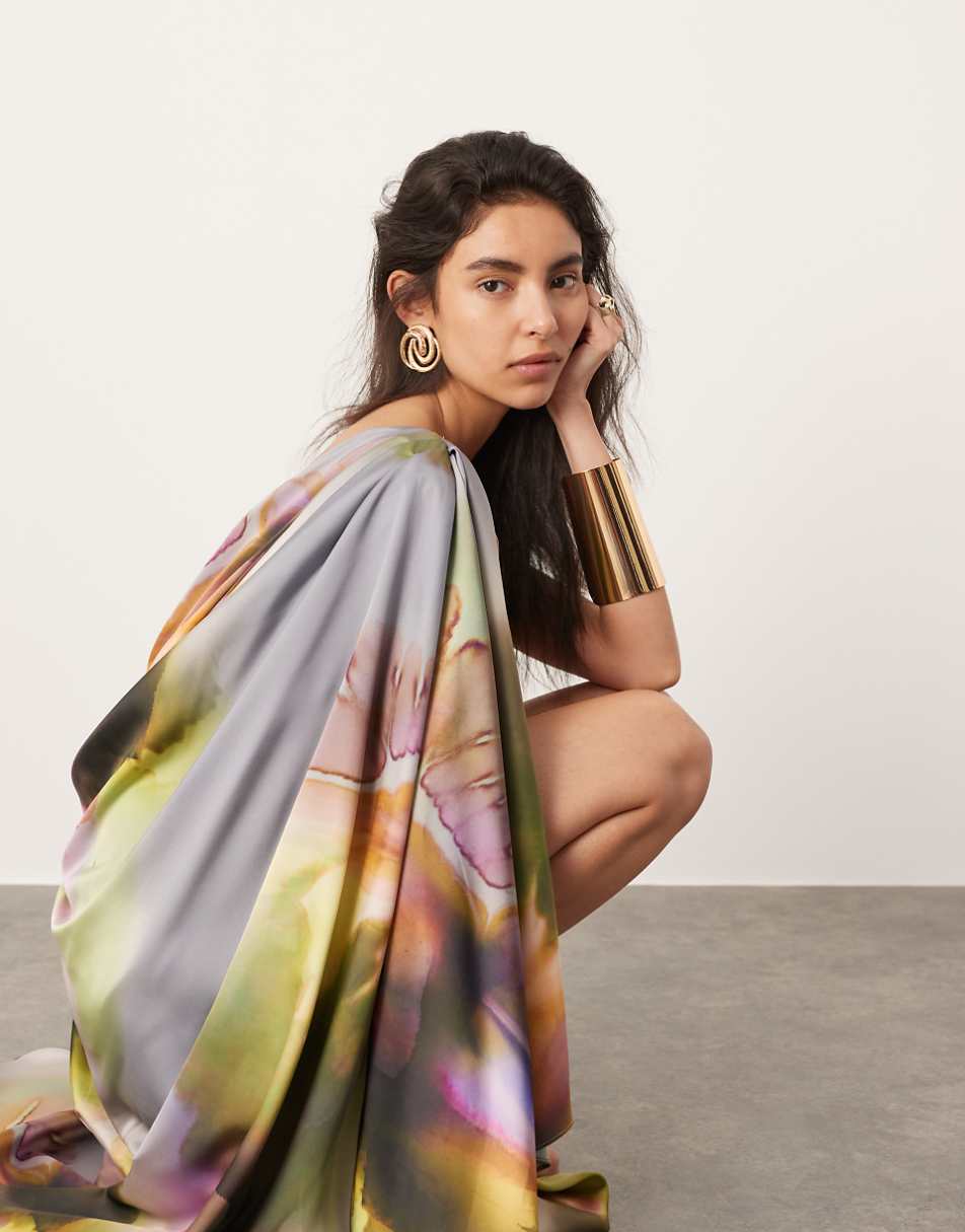 ASOS EDITION satin one shoulder flare sleeve maxi dress with ruched waist detail in blurred floral