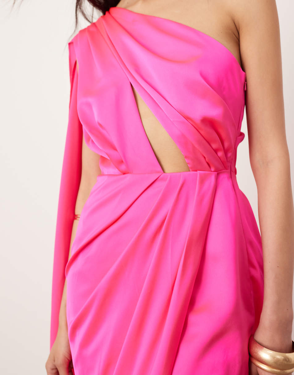 ASOS EDITION satin one shoulder flare sleeve maxi dress with ruched waist detail in pink