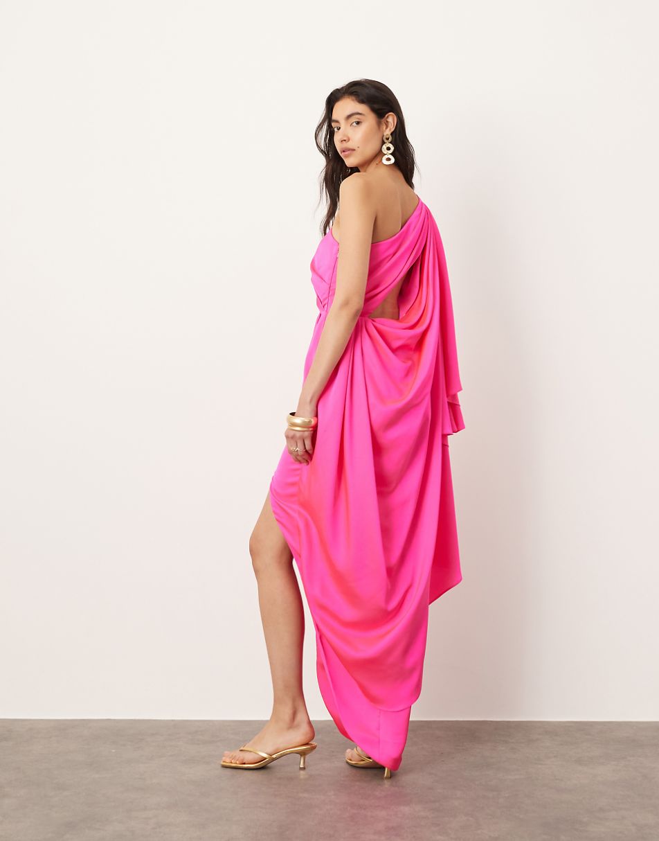 ASOS EDITION satin one shoulder flare sleeve maxi dress with ruched waist detail in pink