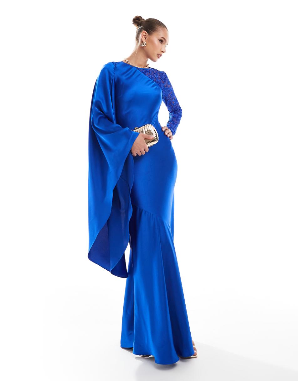 Daska satin ruffle sleeve detail maxi dress in cobalt