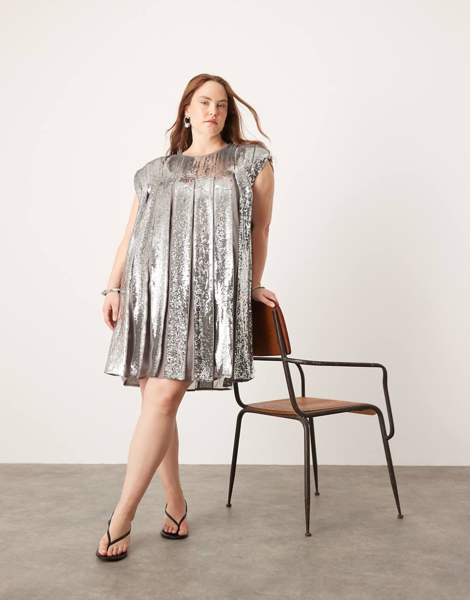 ASOS EDITION Curve embellished allover sequin pleat trapeze mini dress in gray