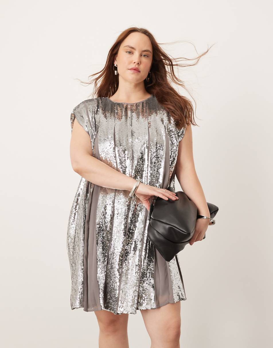ASOS EDITION Curve embellished allover sequin pleat trapeze mini dress in gray