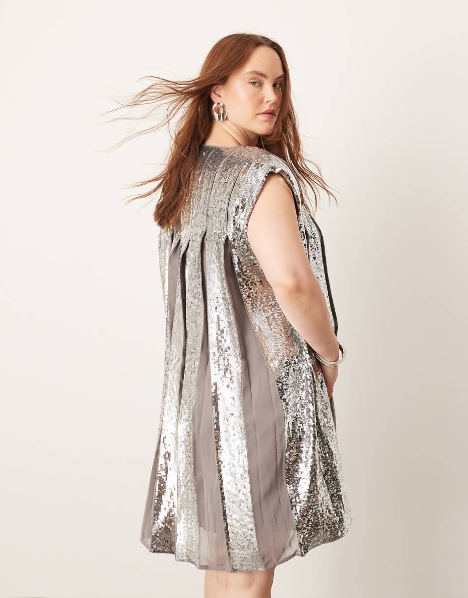 ASOS EDITION Curve embellished allover sequin pleat trapeze mini dress in gray