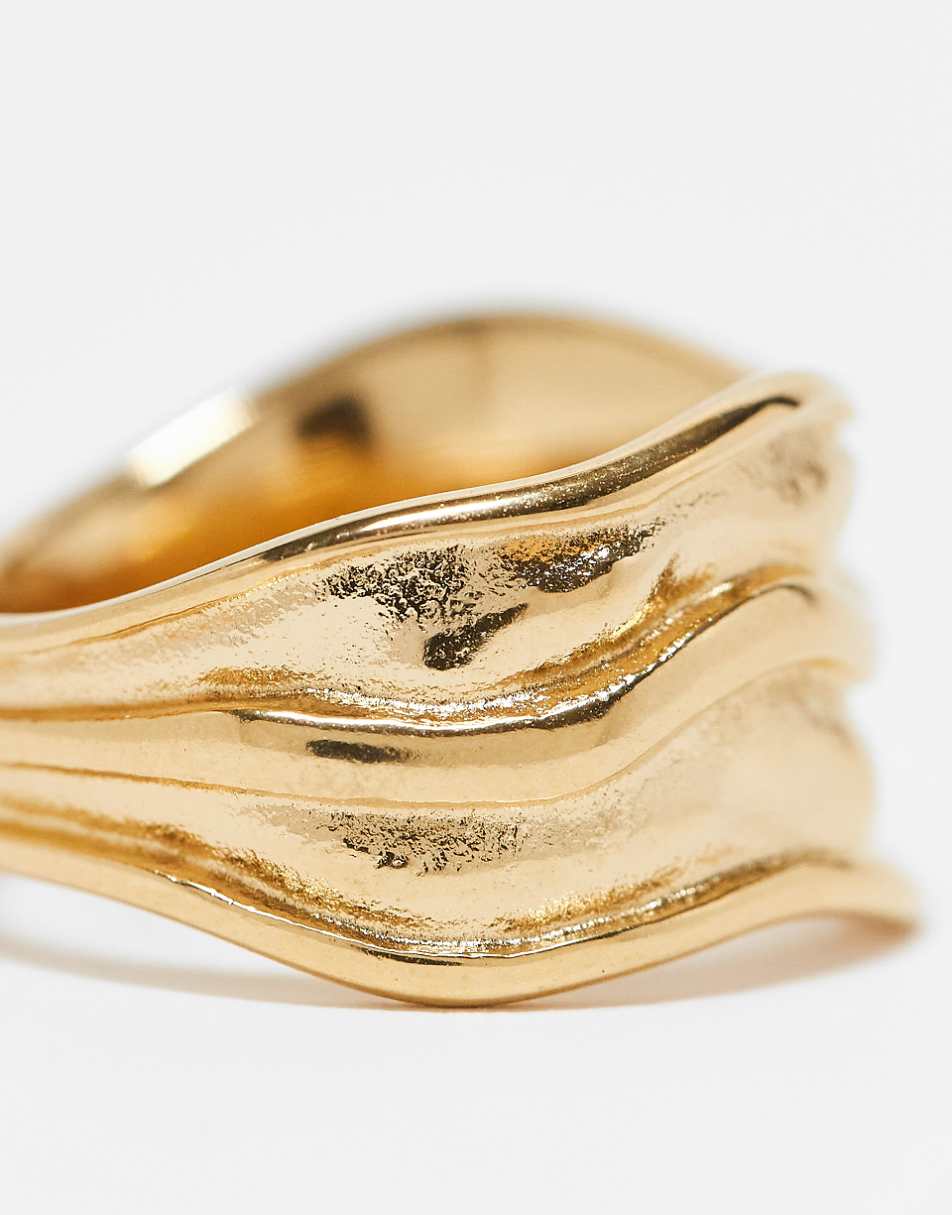 ASOS DESIGN waterproof stainless steel ring with molten wave design in gold tone