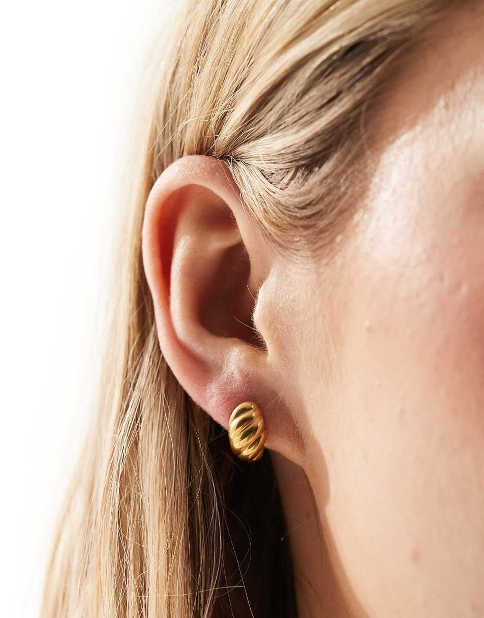 ASOS DESIGN waterproof stainless steel stud earrings with ridged curved design in gold tone