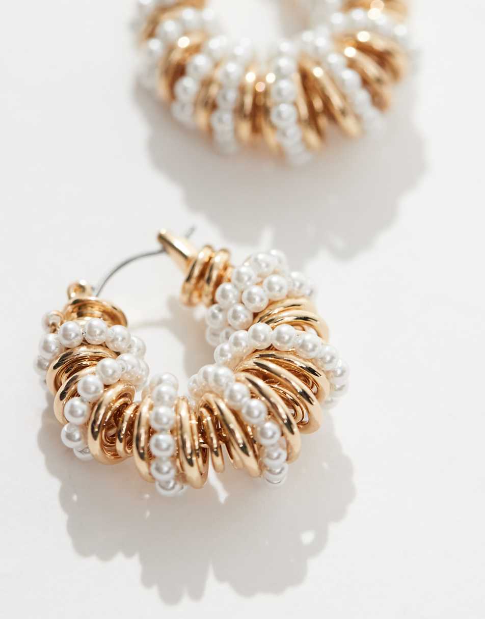 ASOS DESIGN 30mm hoop earring with wrap faux pearl wrap design in gold tone