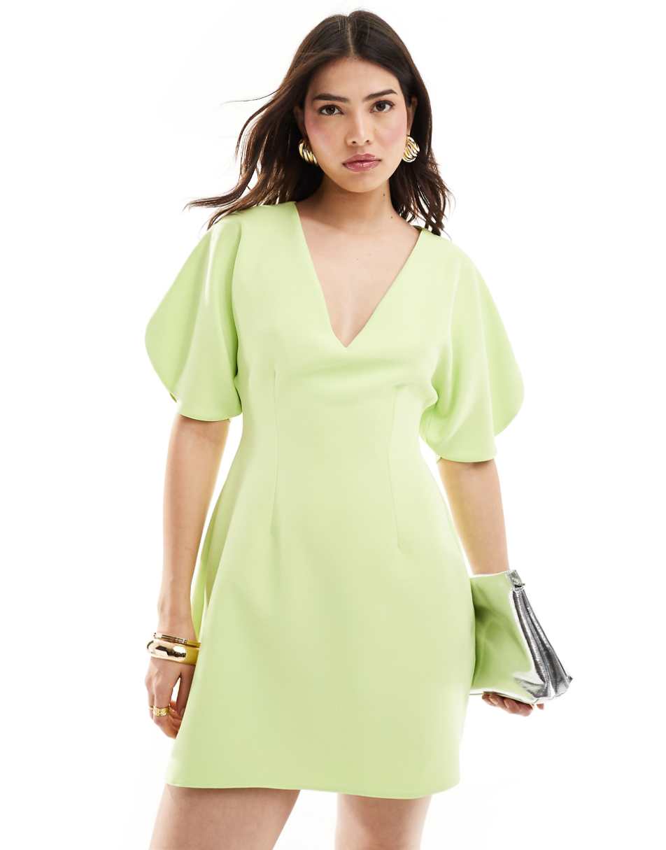 ASOS DESIGN v-neck volume sleeve mini dress in lime