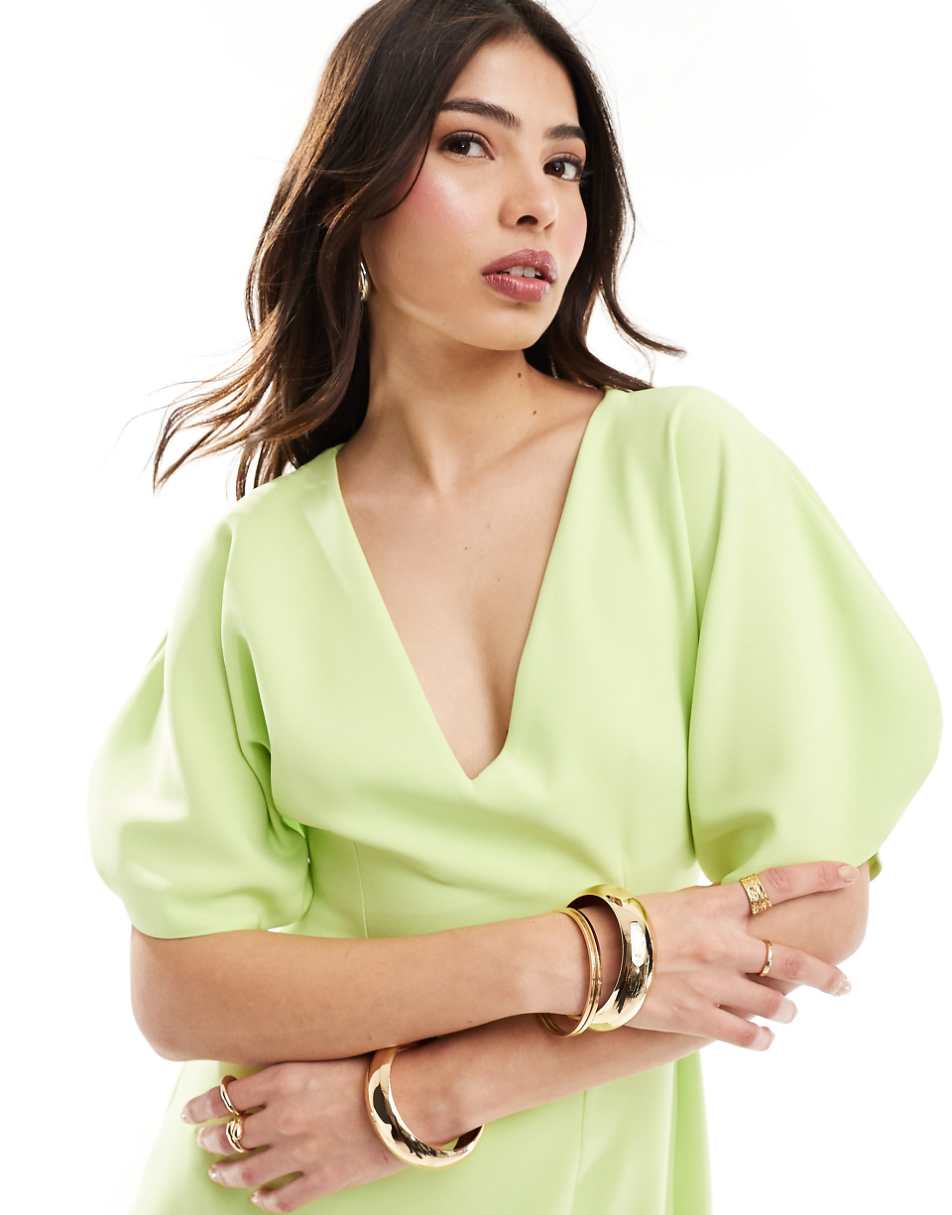 ASOS DESIGN v-neck volume sleeve mini dress in lime