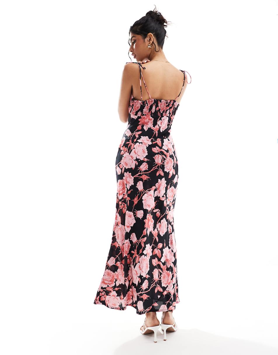 ASOS DESIGN ruched bust maxi slip dress in black based floral print