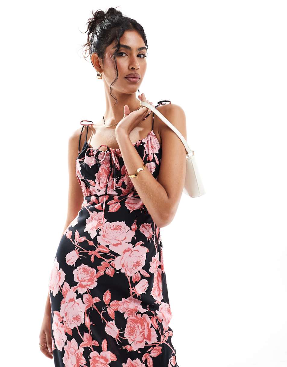 ASOS DESIGN ruched bust maxi slip dress in black based floral print