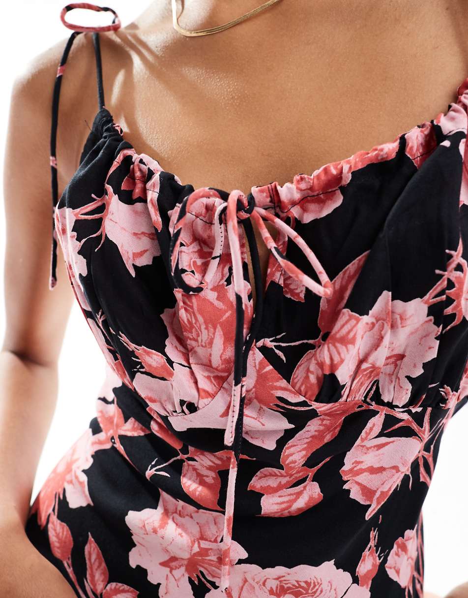 ASOS DESIGN ruched bust maxi slip dress in black based floral print