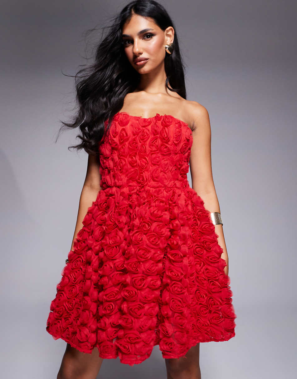 ASOS LUXE 3D floral bandeau skater mini dress in cherry red