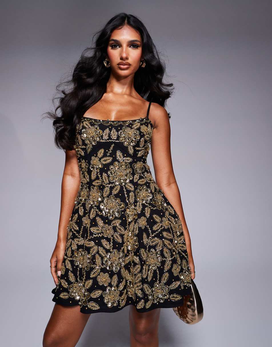 ASOS LUXE floral embellished cage skirt mini dress in black