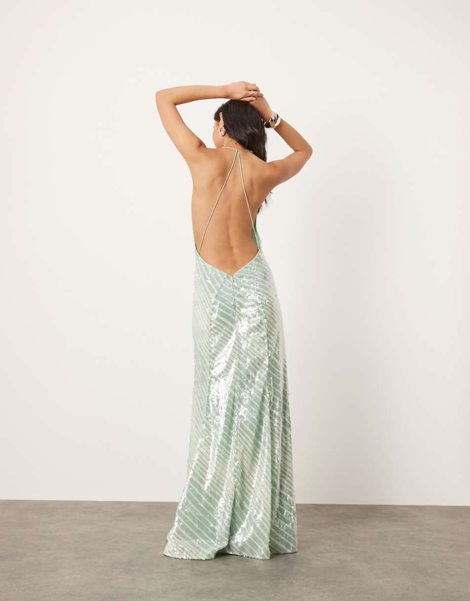 ASOS EDITION allover sequin deep cowl neck maxi dress in mint stripe print