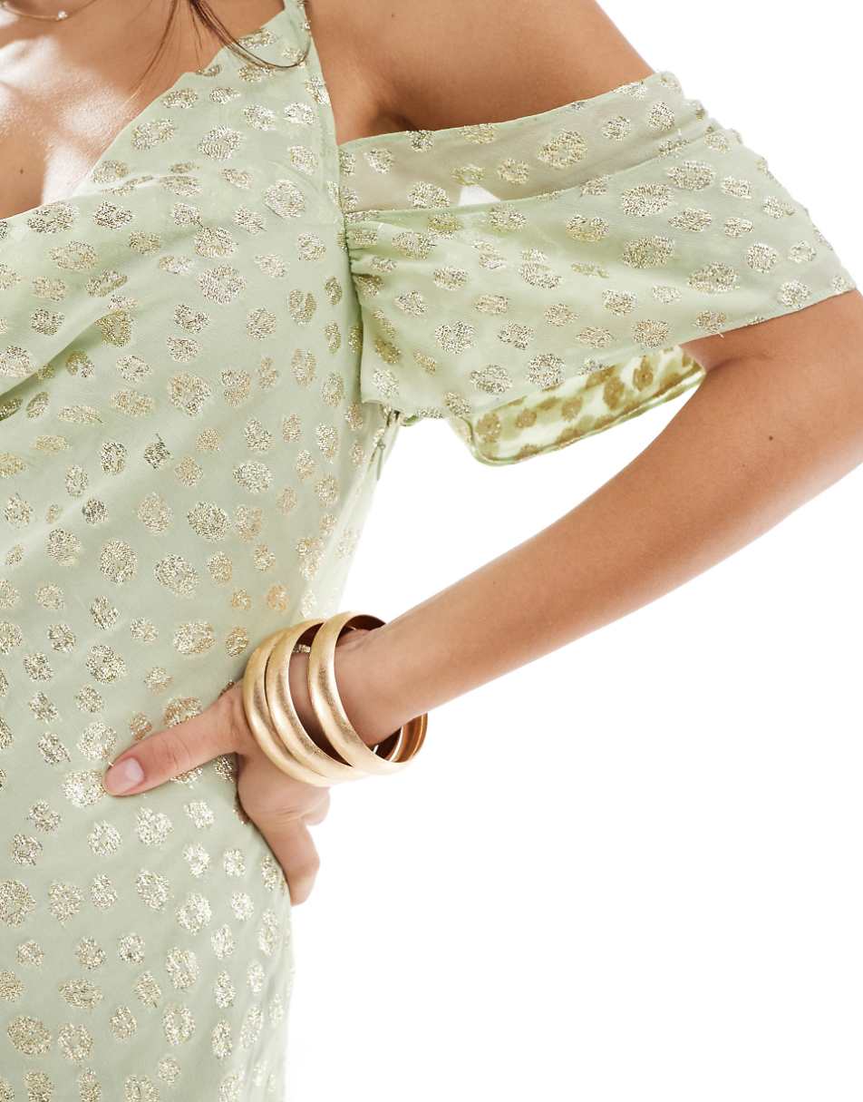 Pretty Lavish cold shoulder metallic maxi dress in green and gold