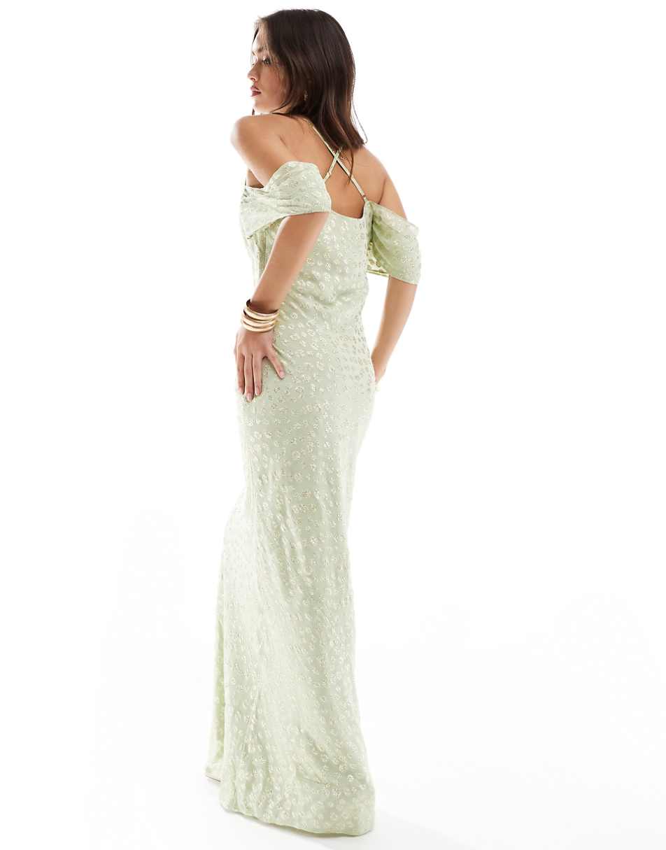 Pretty Lavish cold shoulder metallic maxi dress in green and gold