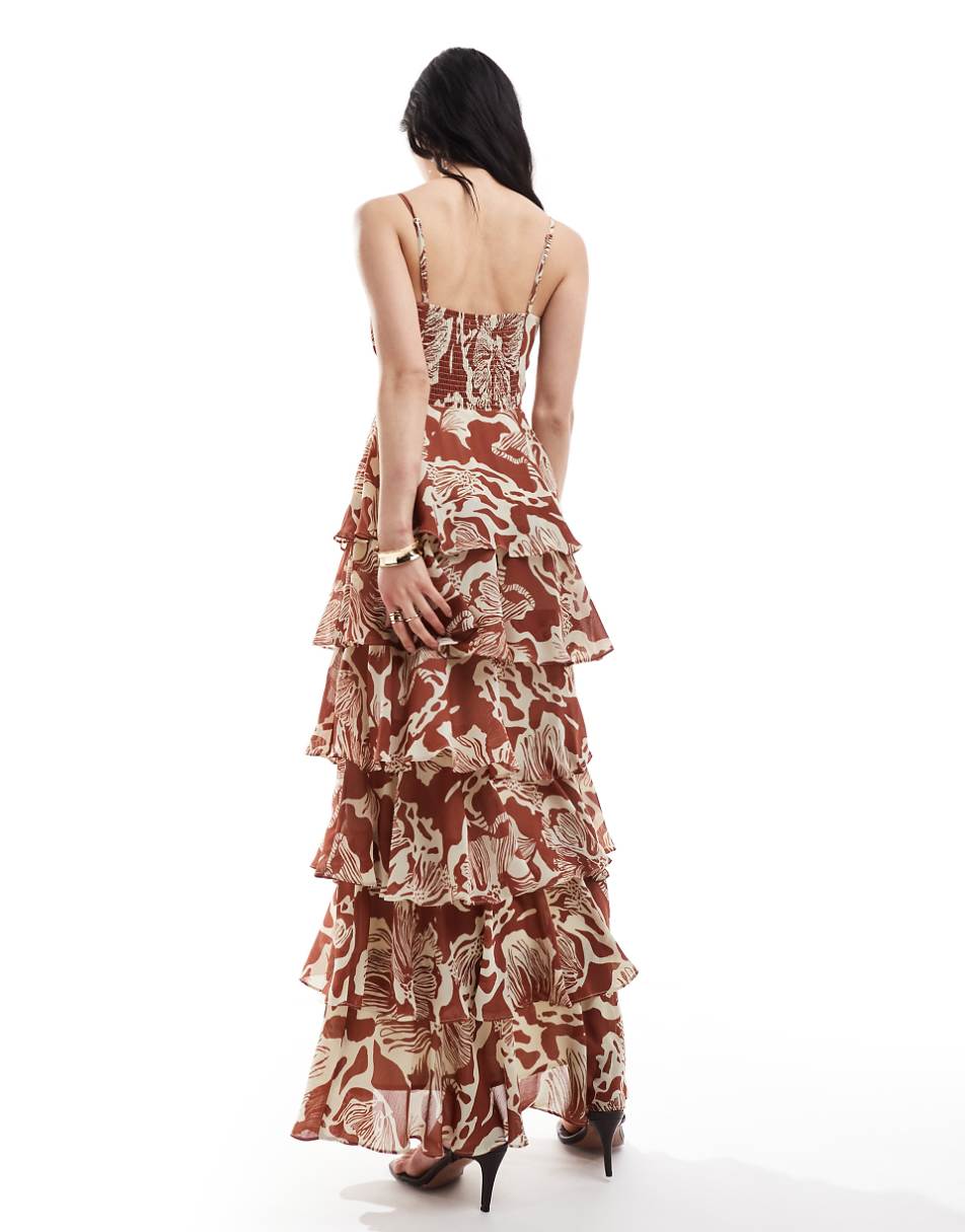 Pretty Lavish shirred bust tiered ruffle maxi dress in brown floral