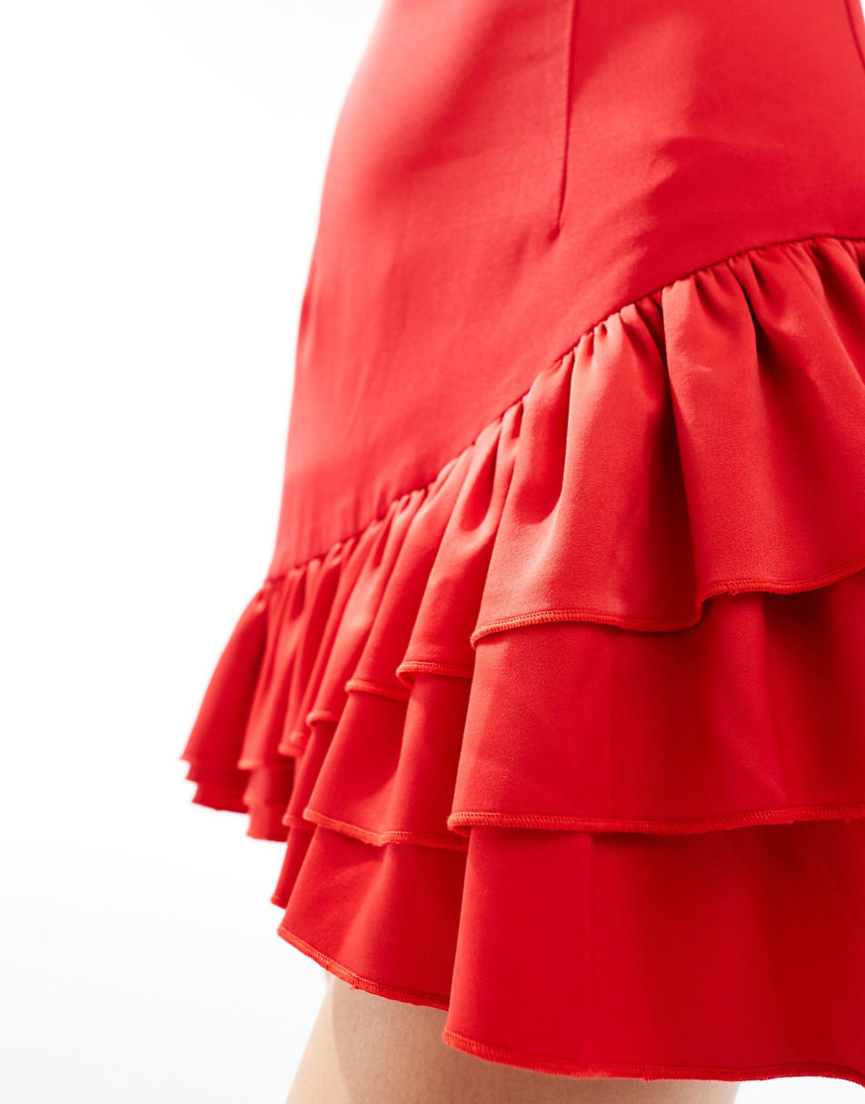 Kaiia sleeveless square neck ruffle hem mini dress in red
