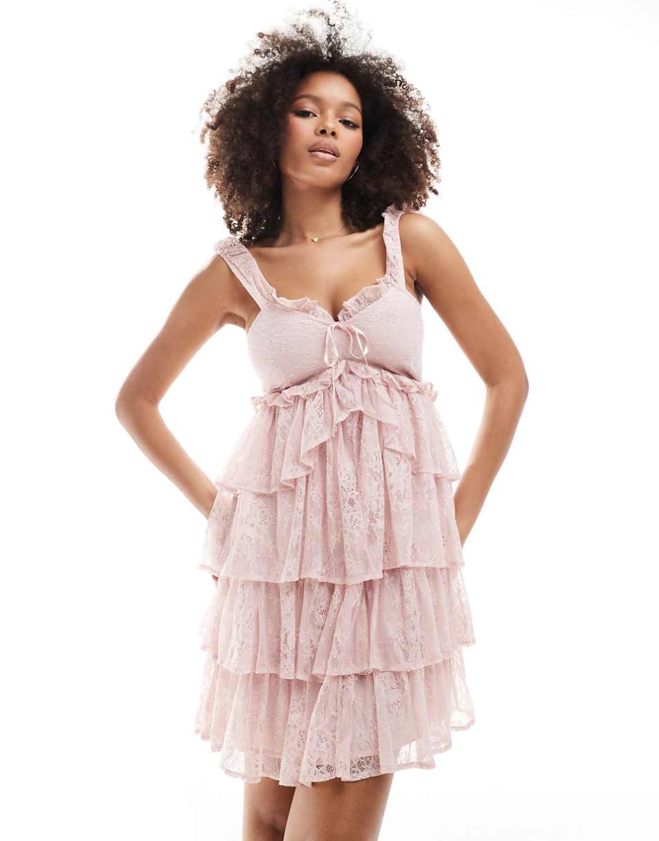 Miss Selfridge strappy lace tiered back detail mini dress in pink