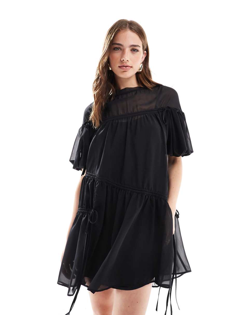 ASOS DESIGN oversized mini smock dress with ruched channel details in black