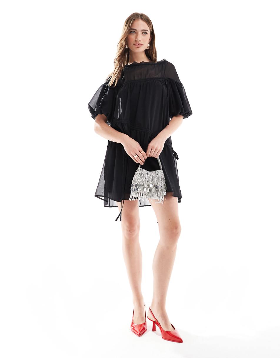 ASOS DESIGN oversized mini smock dress with ruched channel details in black