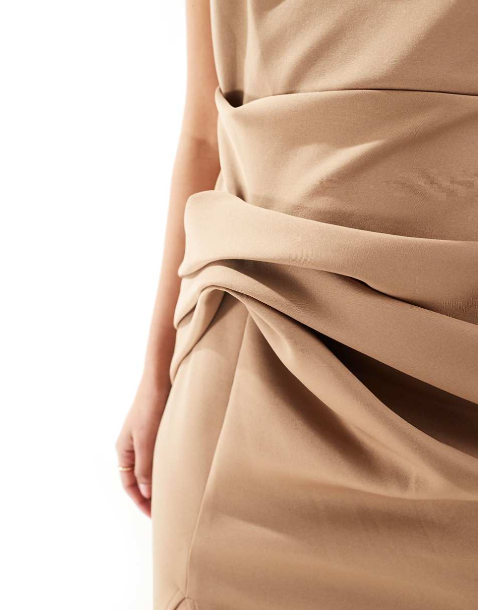 ASOS DESIGN structured hip tuck high neck midi dress in mocha