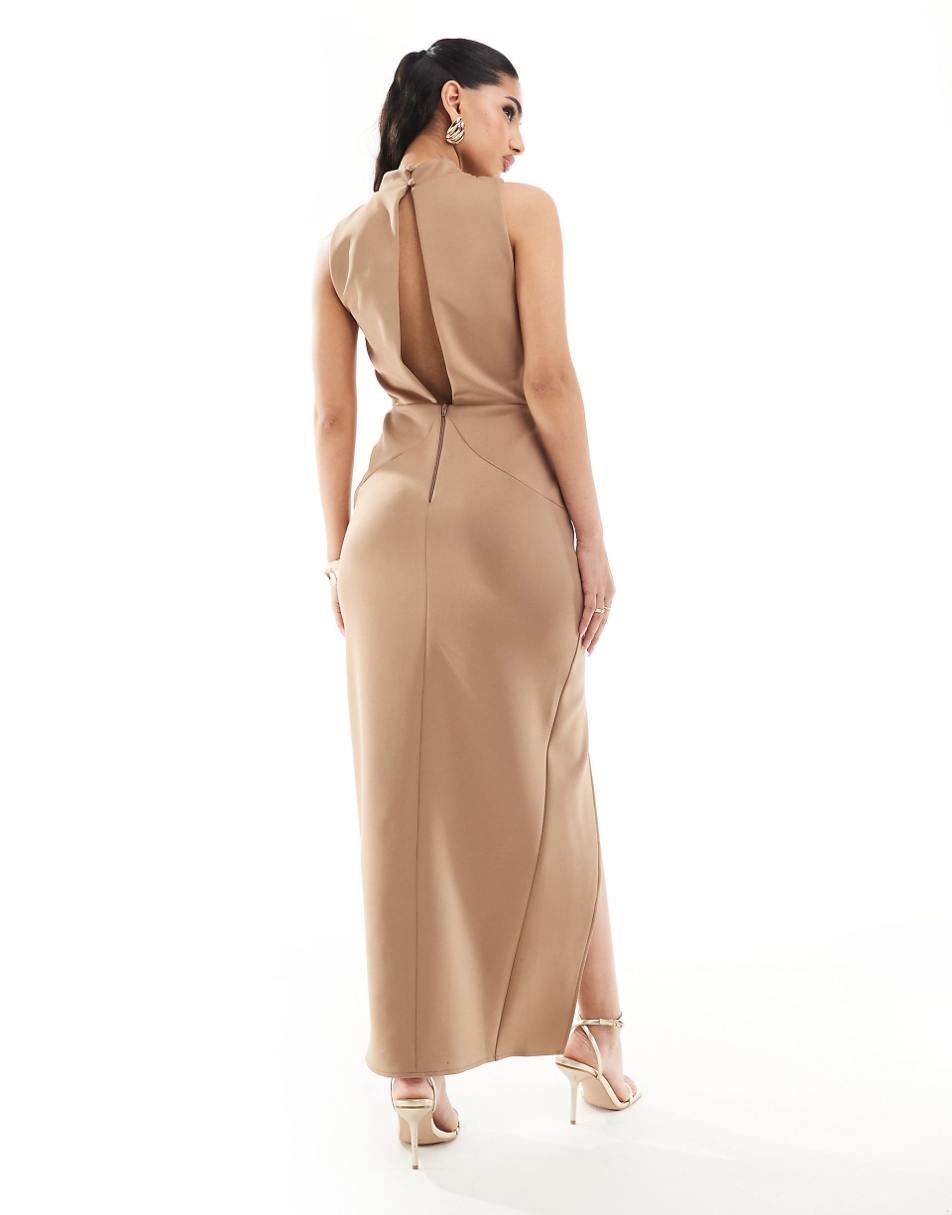 ASOS DESIGN structured hip tuck high neck midi dress in mocha