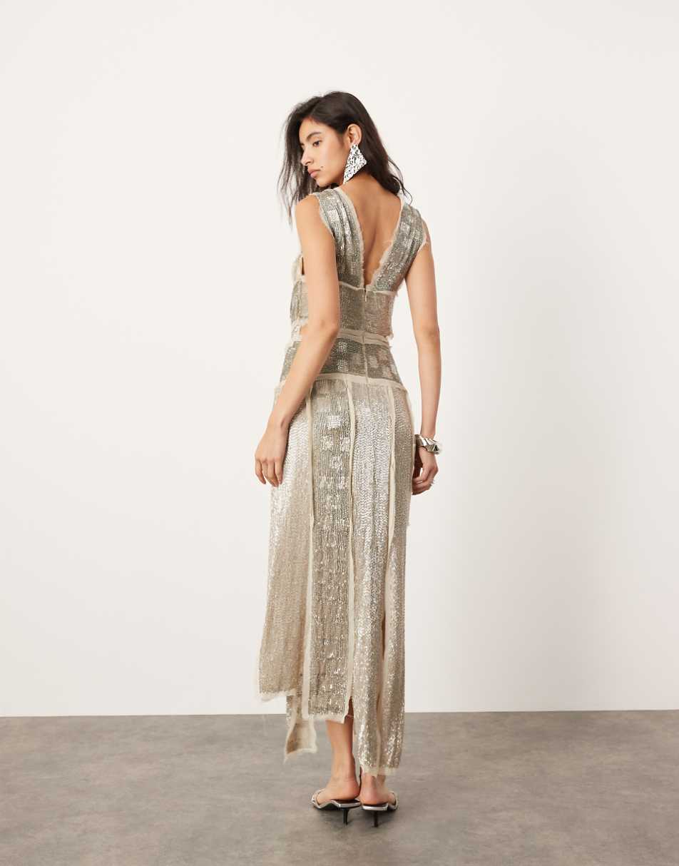 ASOS EDITION embellished spliced raw edge asymmetric midi dress in silver