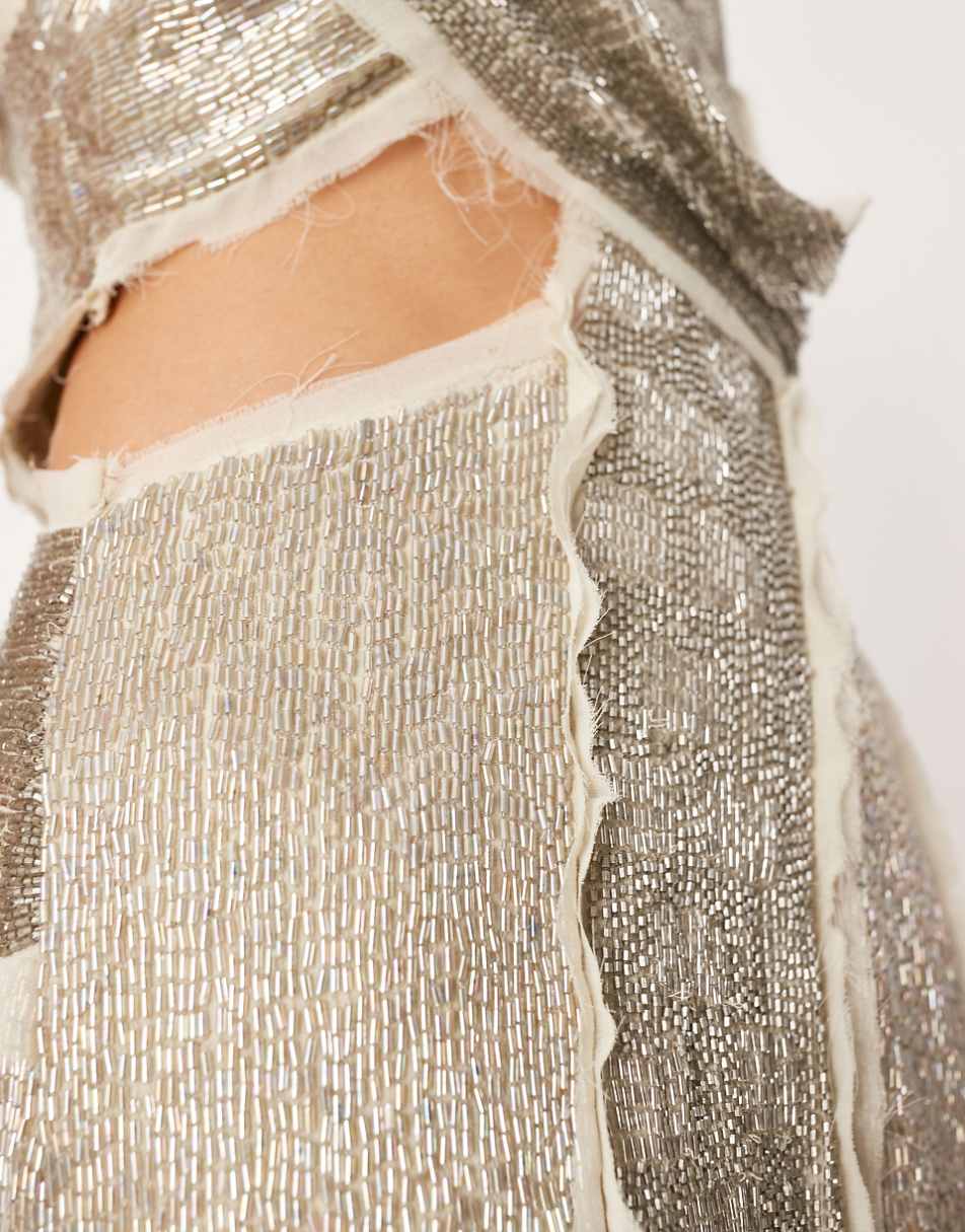 ASOS EDITION embellished spliced raw edge asymmetric midi dress in silver