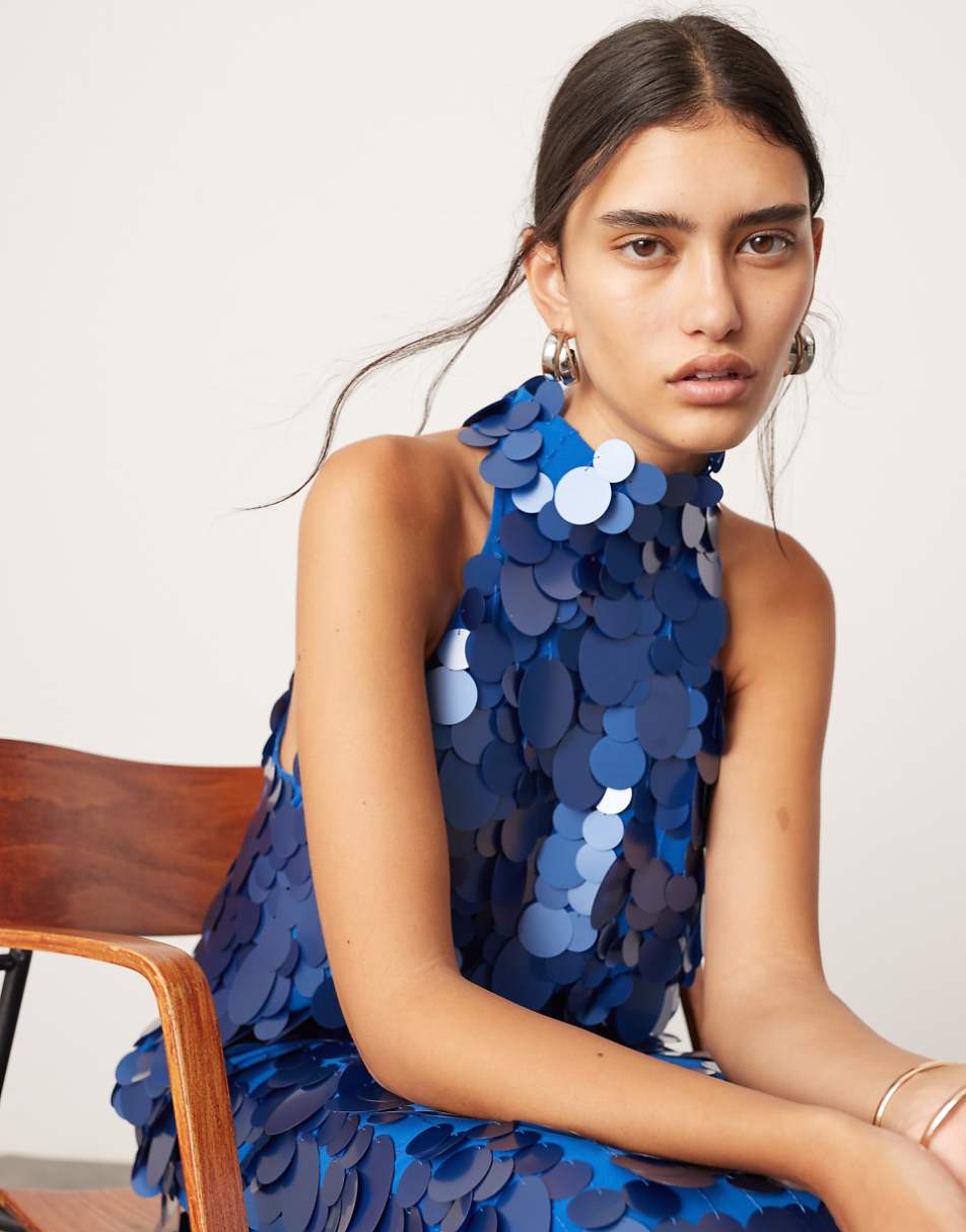 ASOS EDITION embellished matte disc sequin column midi dress in midnight blue