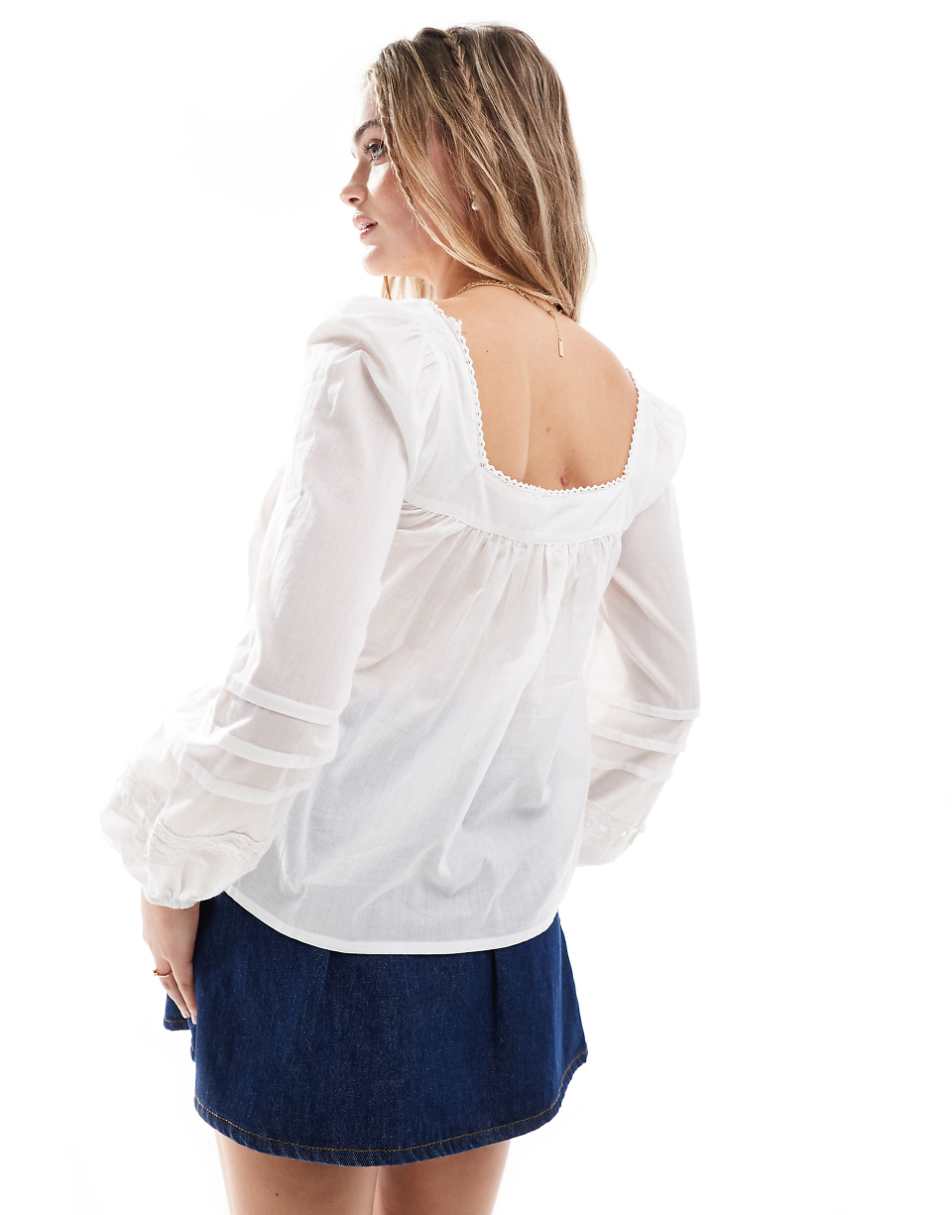 ASOS DESIGN square neck lace trim cotton smock top in white