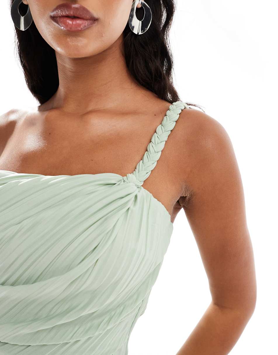 ASOS DESIGN plisse plaited one off shoulder midi dress with draped front in sage green