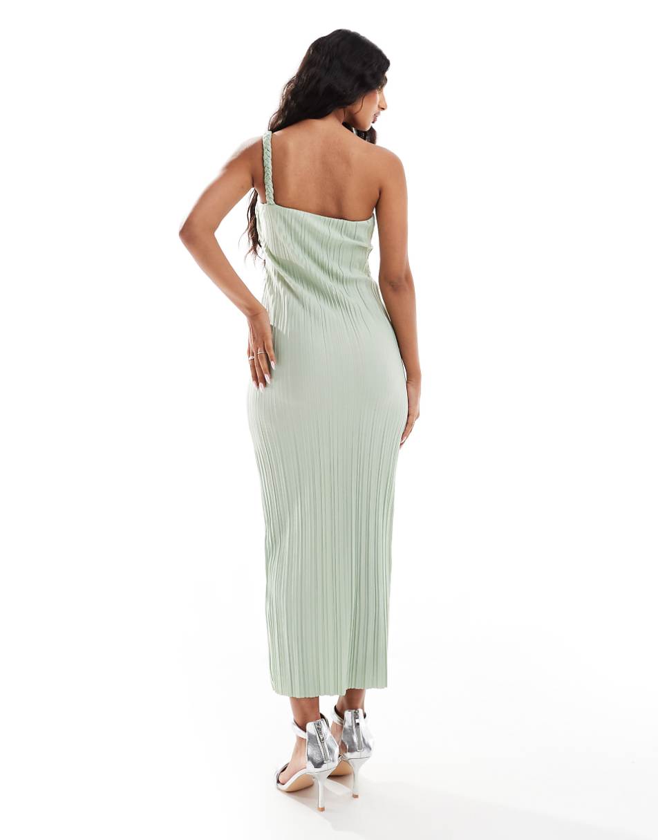 ASOS DESIGN plisse plaited one off shoulder midi dress with draped front in sage green