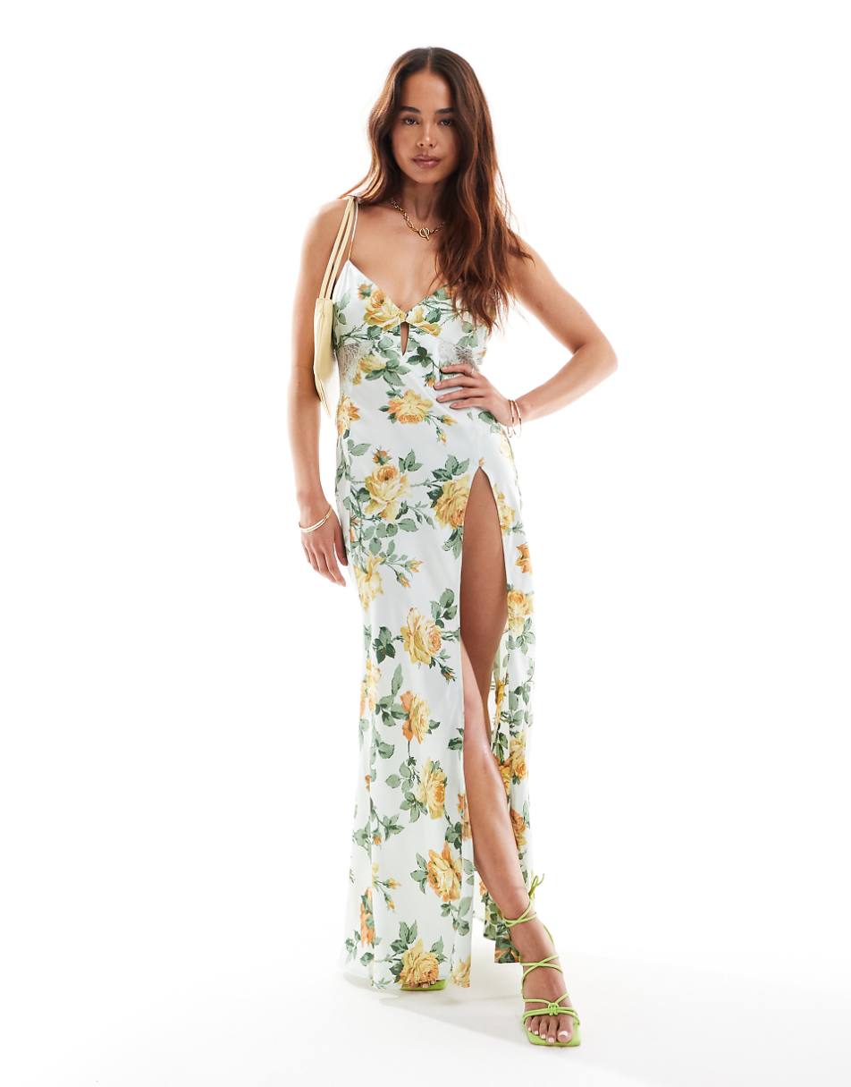ASOS DESIGN satin lace insert keyhole midaxi dress in mint floral print