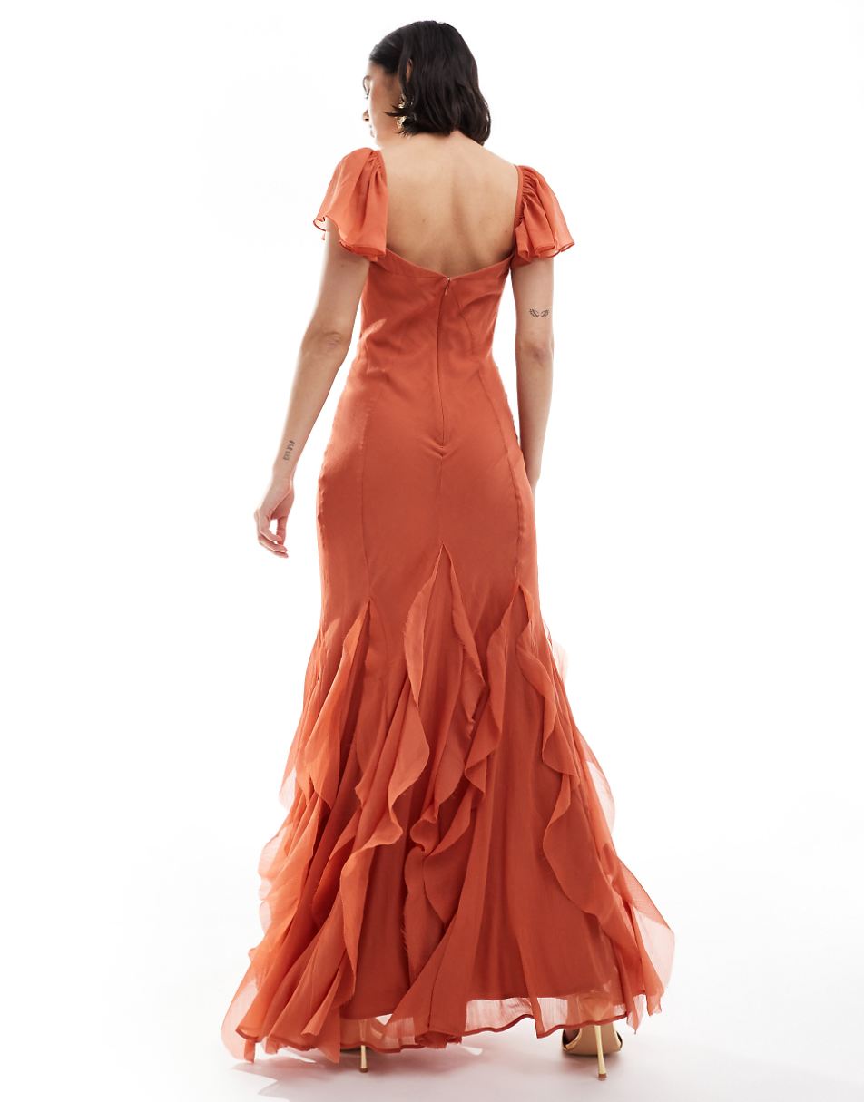 ASOS DESIGN flutter sleeve maxi dress with ruffle panels in rust