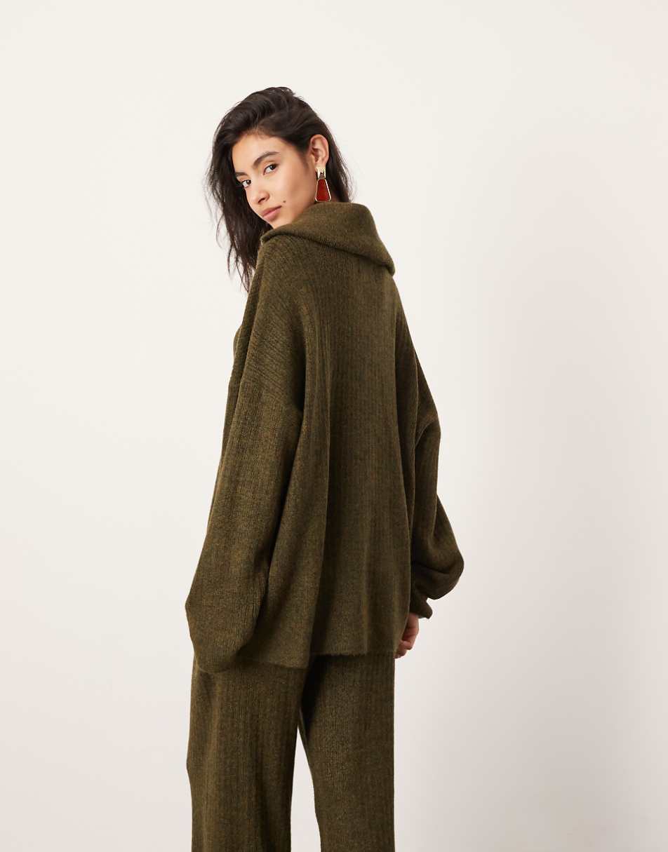 ASOS EDITION knit ribbed half zip oversized collar sweater in khaki - part of a set