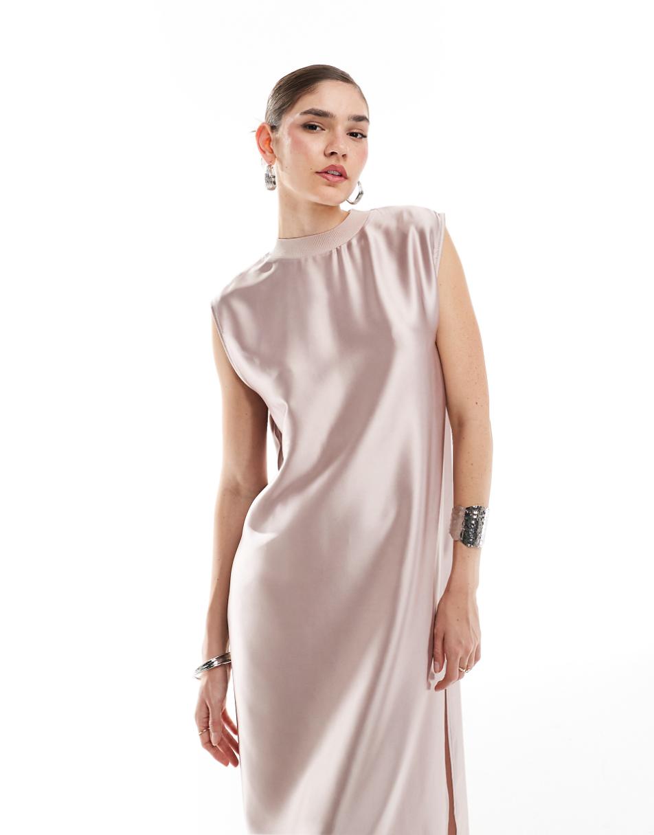 ASOS DESIGN satin sleeveless oversized midi t-shirt dress in taupe