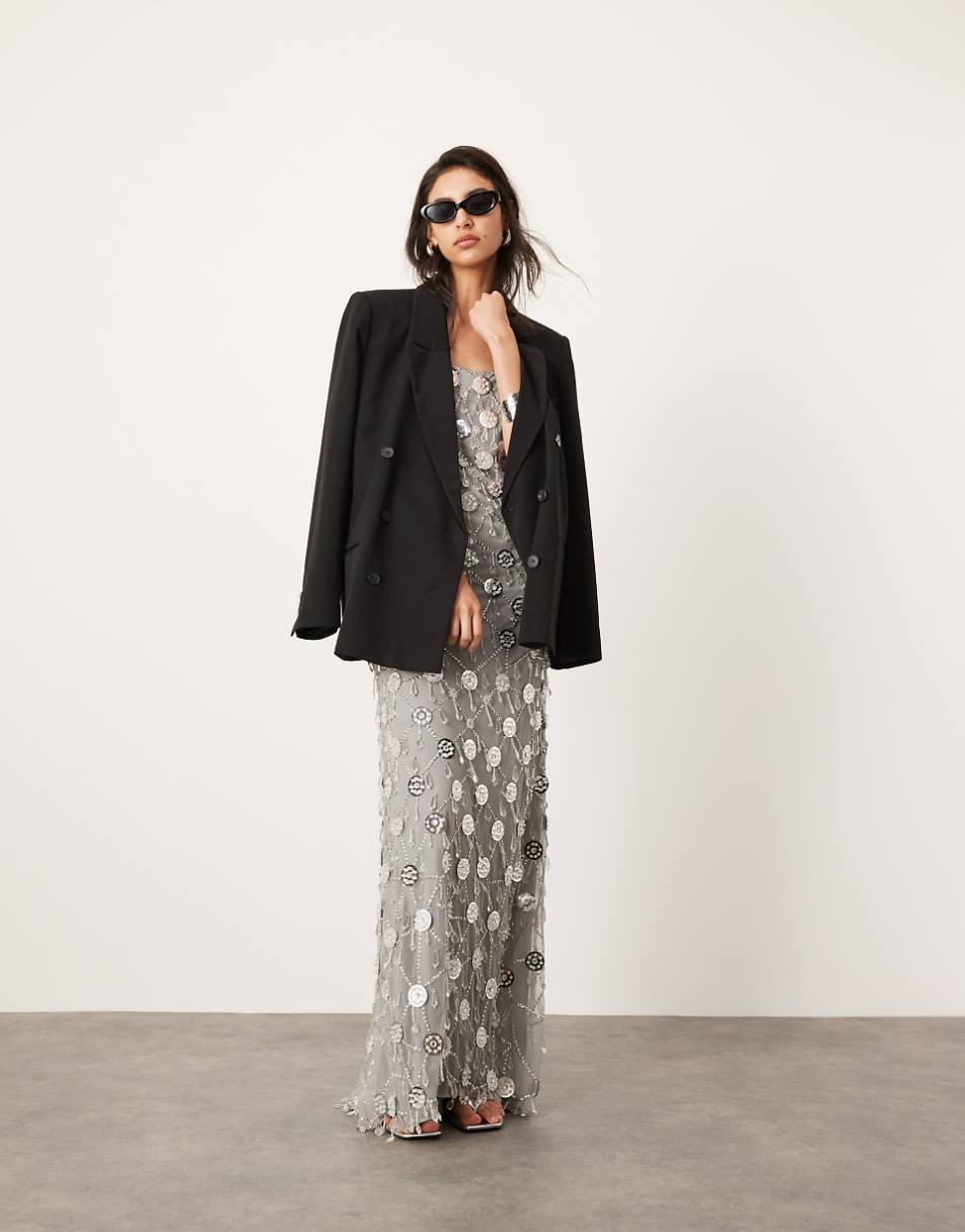 ASOS EDITION embellished sheer flower drop jewel maxi dress with low back in silver