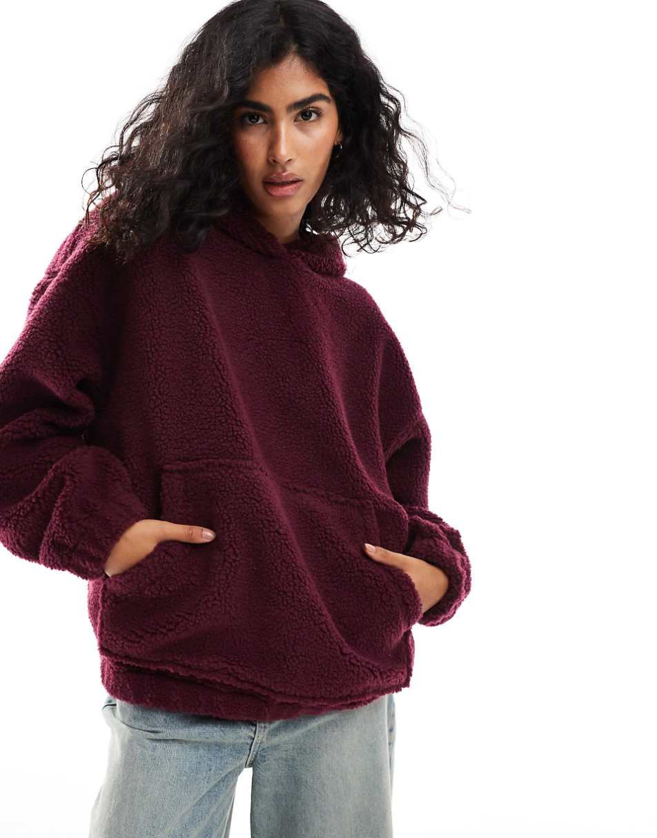ASOS DESIGN oversized teddy hoodie in burgundy