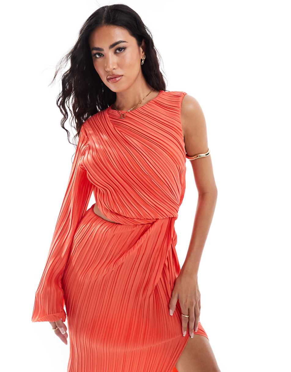 ASOS DESIGN plisse one sleeve midi dress with slit detail in coral