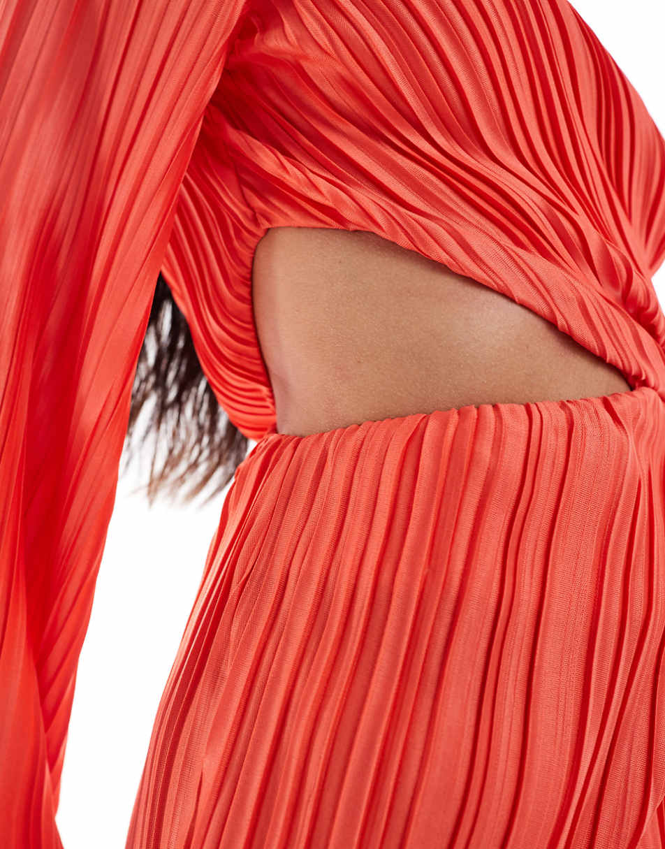 ASOS DESIGN plisse one sleeve midi dress with slit detail in coral