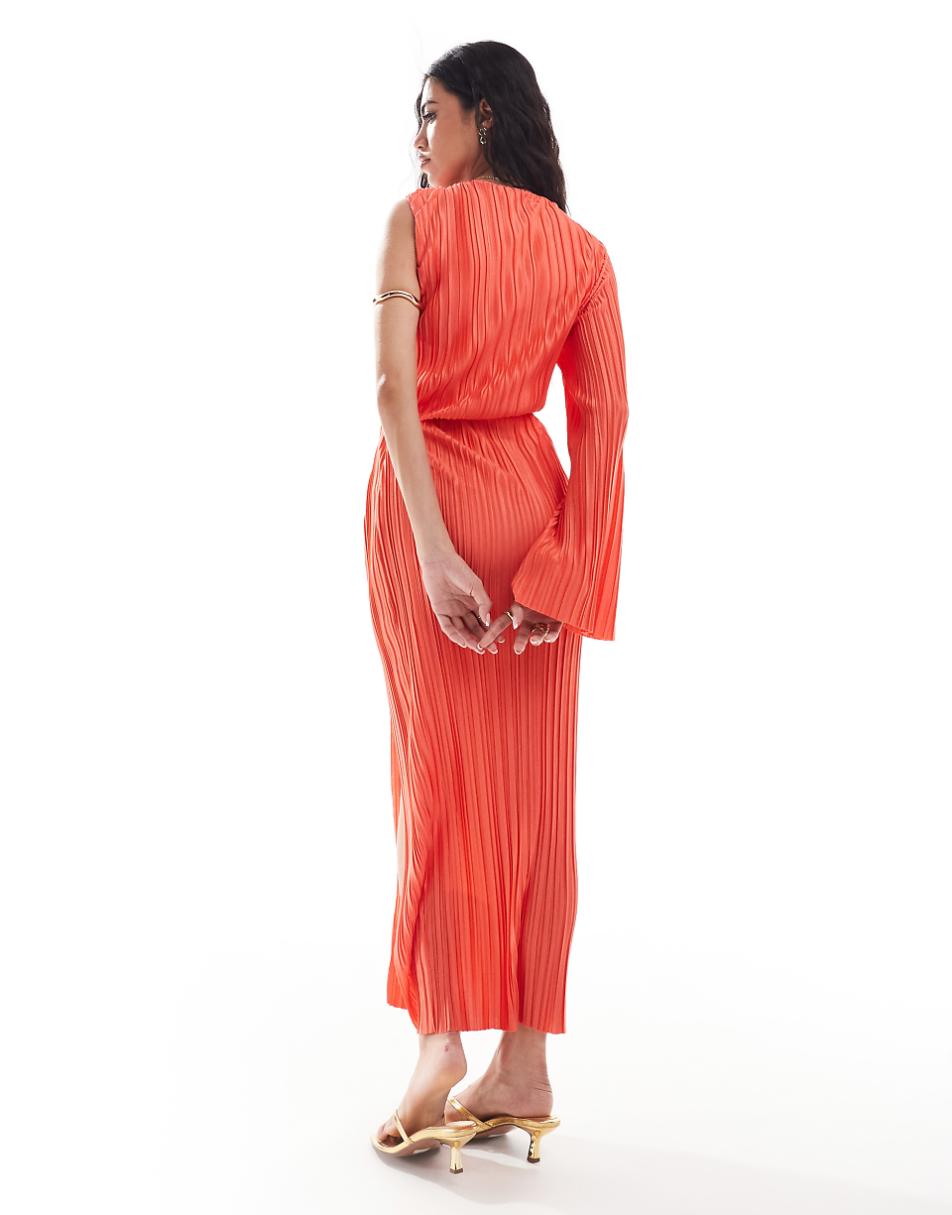 ASOS DESIGN plisse one sleeve midi dress with slit detail in coral